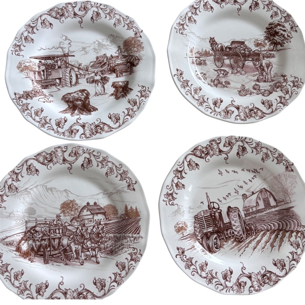 Robert Stanley Farm Fall Harvest Thanksgiving Brown Salad Plates Set 4 Scallop